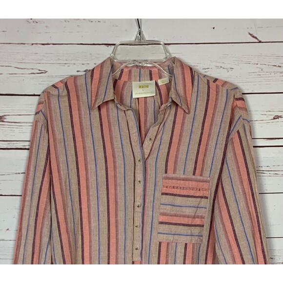 MAEVE By Anthropologie Women's S Small Pink Purple Stripe Button Long Sleeve Top - Picture 4 of 13